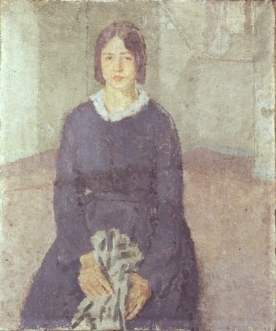 Ragazza in un vestito blu che tiene un pezzo di cucito da Gwen John